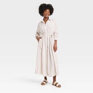 Long Sleeve Cinch Waist Maxi Shirtdress - Tan Striped M